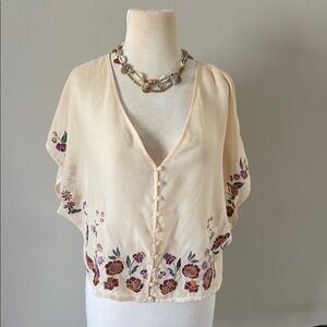 Cream Short Sleeve Boxy Blouse with Embellished Details